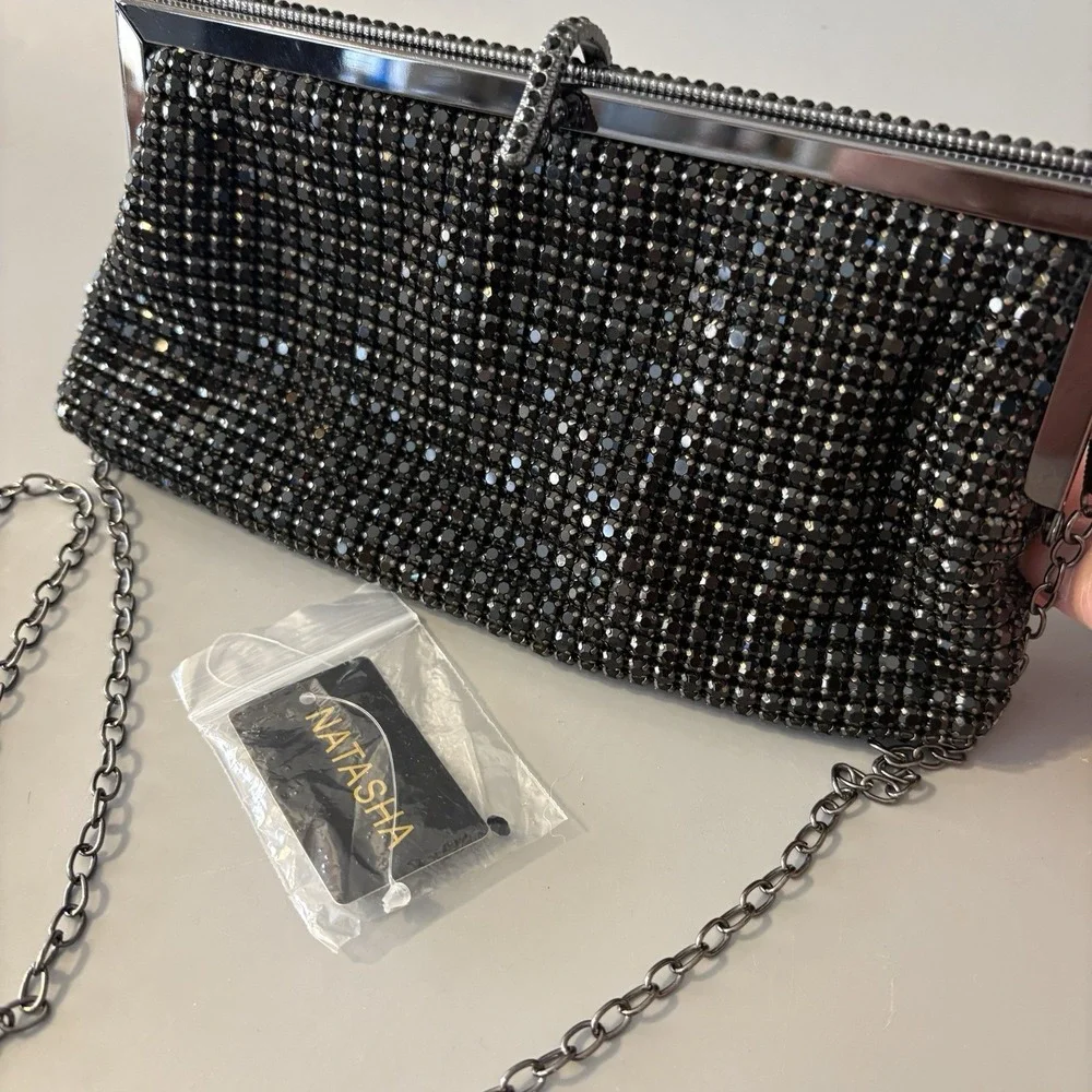 NEW Natasha Crystal Evening Purse Clutch Black Convertible Prong Set Stones